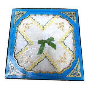 Vintage Embroidered Handkerchief Lemon Yellow Flowers Floral Cutwork Elegant